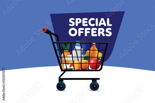 Colorful illustration of a shopping cart overflowing with fresh groceries, under a sunny sky.  Focus on vibrant colors and detailed grocery items.