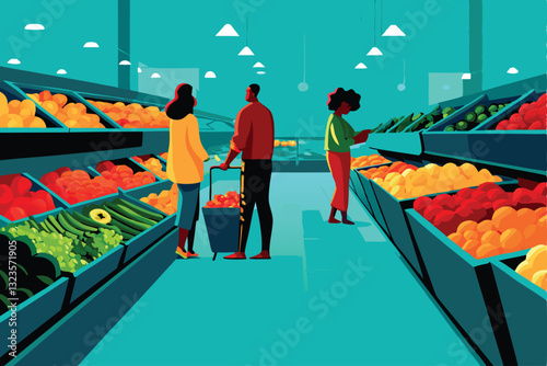 Create a vibrant illustration of a bustling supermarket interior, showcasing diverse customers actively selecting groceries from well-stocked shelves.