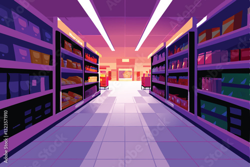 Create a vibrant illustration of a meticulously organized supermarket aisle, showcasing neatly stacked shelves brimming with diverse grocery products.
