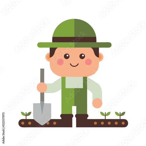 Cute Cartoon Gardener Holding Shovel with Young Plant Sprouts