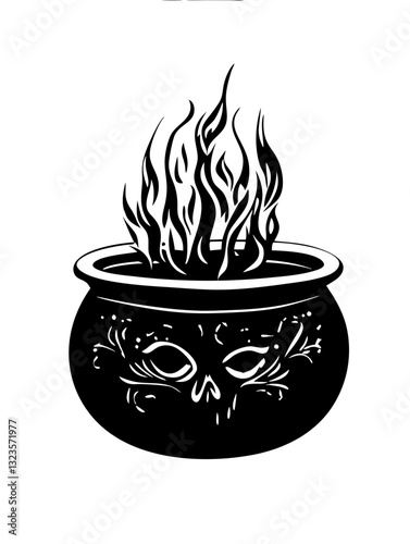Witch Cauldron with Flames Skull Motif for Halloween Decor or Tattoo Art