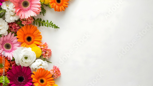 Colorful Flower Arrangement Bordering White Background Showing Various Gerbera Daisies and Other Blooms