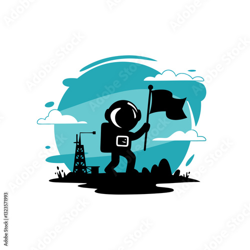 Astronaut Silhouette Planting Flag in Space Exploration Scene Vector Art
