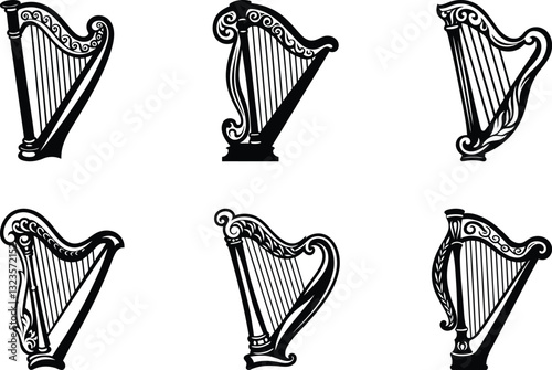 Modern quality Harp silhouette vector illustration, Harp line art vector icon design set