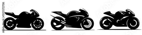 Silhouettes of three sport motorcycles in a row, each showcasing a sleek and aerodynamic design