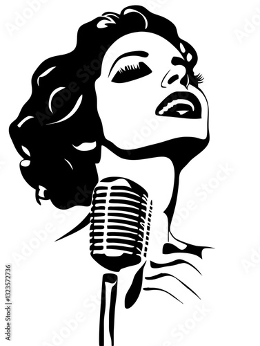 Elegant Woman Singing Retro Microphone Silhouette Art Vector Design