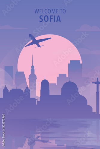 Welcome to Sofia, Bulgaria. Gradient city poster, card with shapes of skyline, waterfront and airplane. Balkans travel vector illustration, print, graphic