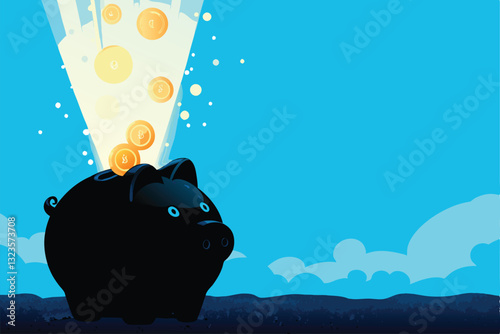 A whimsical illustration of a piggy bank shaped like a pig, with a glowing golden "C" symbol emanating from it, suggesting wealth and savings.
