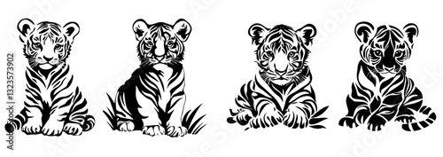Four black and white illustrations of tiger cubs sitting in a row