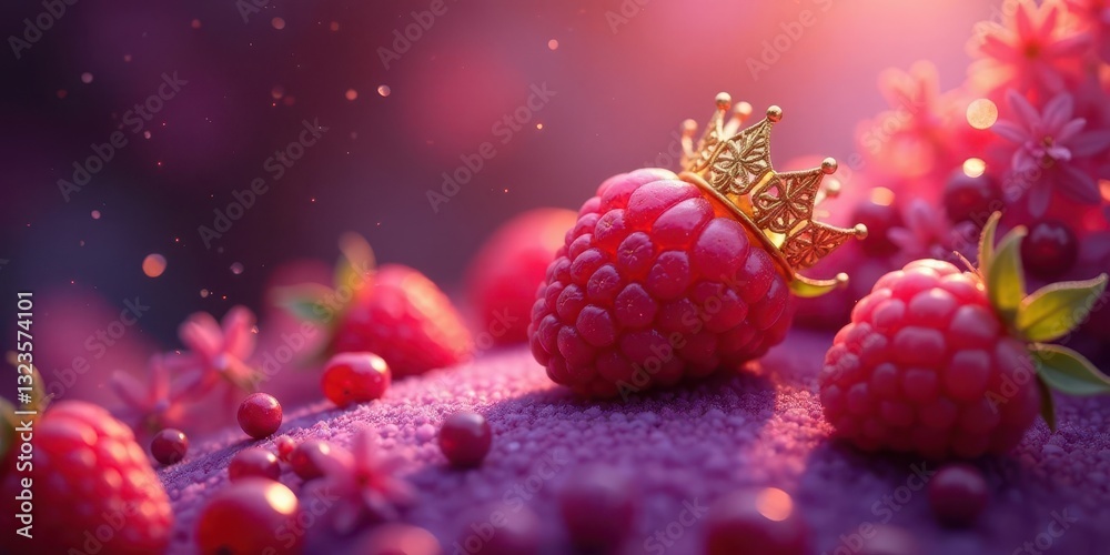 A regal raspberry, adorned with a miniature golden crown, rests amidst a bed of vibrant pink berries and blossoms, bathed in warm, magical light. A regal raspberry, adorned with a miniature golden crown, rests amidst a bed of vibrant pink berries and blossoms, bathed in warm, magical light.