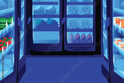 Create a vibrant illustration of a supermarket's bustling frozen food aisle, showcasing diverse products and shoppers.