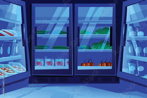 Create a vibrant illustration of a supermarket's frozen food aisle, showcasing diverse products and colorful packaging.  Include realistic details and lighting.