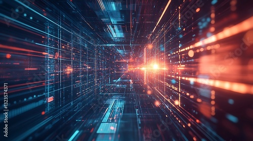 Abstract Data Stream Visualization with Orange and Blue Lines for Technology Backgrounds and Futuristic Designs.