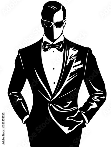 Elegant Vector Silhouette of Man in Tuxedo with Sunglasses
