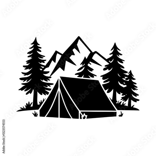Scenic Mountain Tent Camping Illustration with Pine Trees