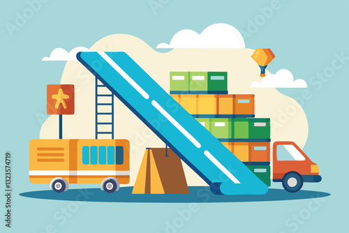 Illustration of a colorful loading area with a slide, truck, and stacked boxes in a cheerful urban environment during daylight