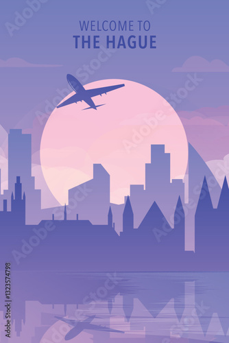 Welcome to The Hague, Netherlands. Gradient city poster, card with shapes of skyline, waterfront and airplane. Holland travel vector illustration, print, graphic