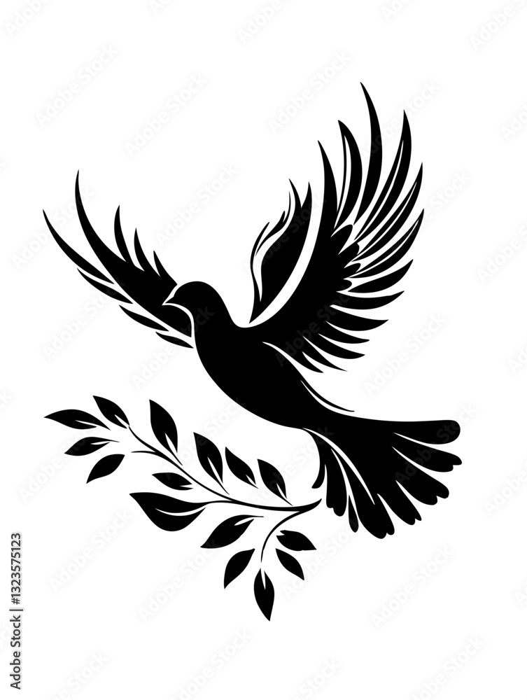 Obraz premium Elegant Flying Dove Silhouette with Olive Branch for Tattoos or Decorative Art