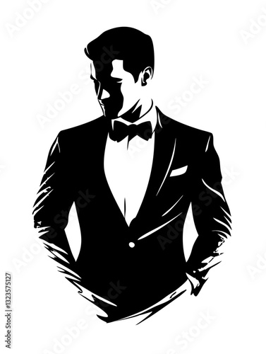 Vector Silhouette of Man in Tuxedo with Bow Tie for Design and Art Projects