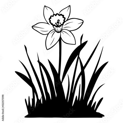 Elegant Daffodil Silhouette in Grass Vector for Tattoo Design and Coloring Book Art