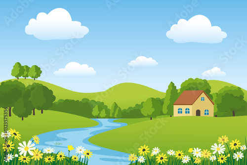 House on the river bank in the countryside with a lawn, flowers, trees, bushes against the background of forest and hills. House by the river vector illustration. Rural landscape.