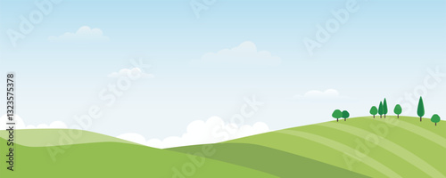Beautiful fields and hills and amazing blue sky with clouds. Natural landscape of green meadows and blue sky. Vector landscape of fields and meadows against the background of beautiful sky.