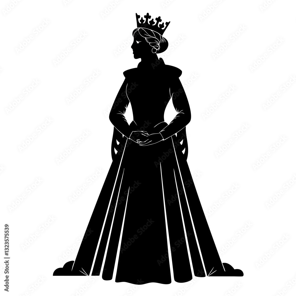 Fototapeta premium Elegant Queen Silhouette in Royal Gown with Crown Vector Illustration