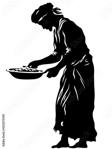 Silhouette of Woman Cooking Holding Frying Pan Traditional Culinary Scene