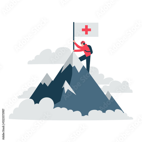Vector Art of Mountain Climber Reaching Summit with Flag and Clouds