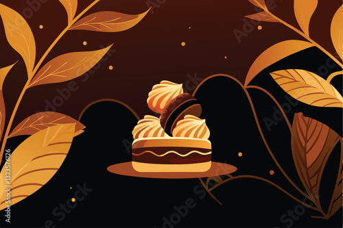 Image of an elegant dessert presentation featuring a luxurious cake or pastry adorned with delicate gold leaf accents.  High-resolution, close-up shot emphasizing texture and detail.