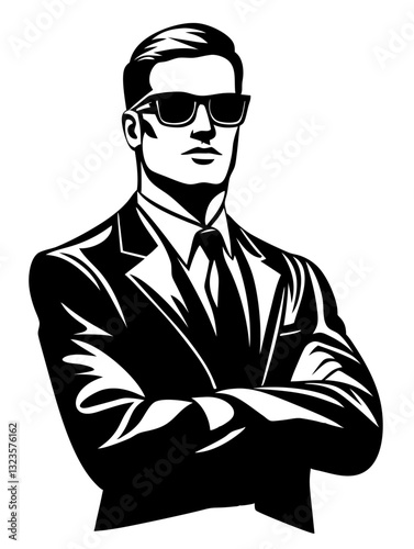 Vector Illustration Confident Man in Suit with Sunglasses Arms Crossed