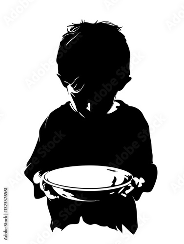 Silhouette of Child Holding Empty Bowl Symbolizing Hunger and Poverty