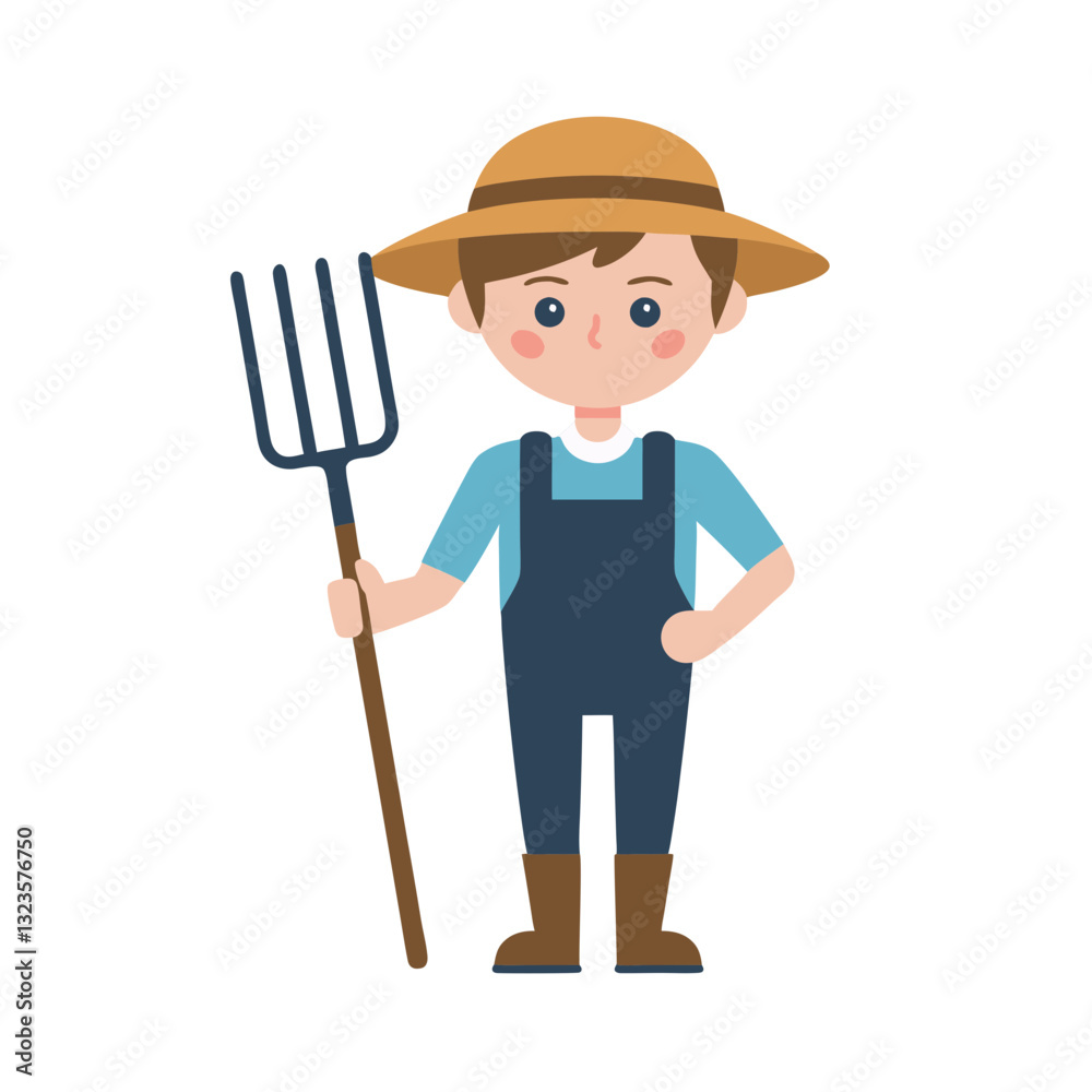 Cute Young Farmer Cartoon Character in Overalls with Pitchfork Cute Young Farmer Cartoon Character in Overalls with Pitchfork