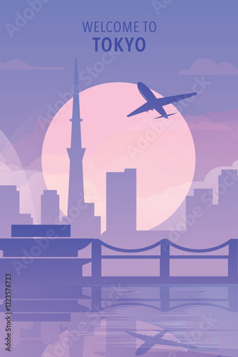 Welcome to Tokyo, Japan. Gradient city poster, card with shapes of skyline, waterfront and airplane. Asia metropolitan travel vector illustration, print, graphic