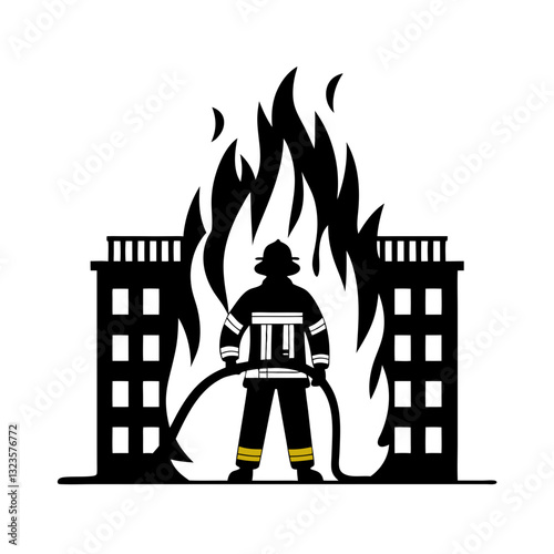 Firefighter Battling Urban Building Blaze Vector Illustration
