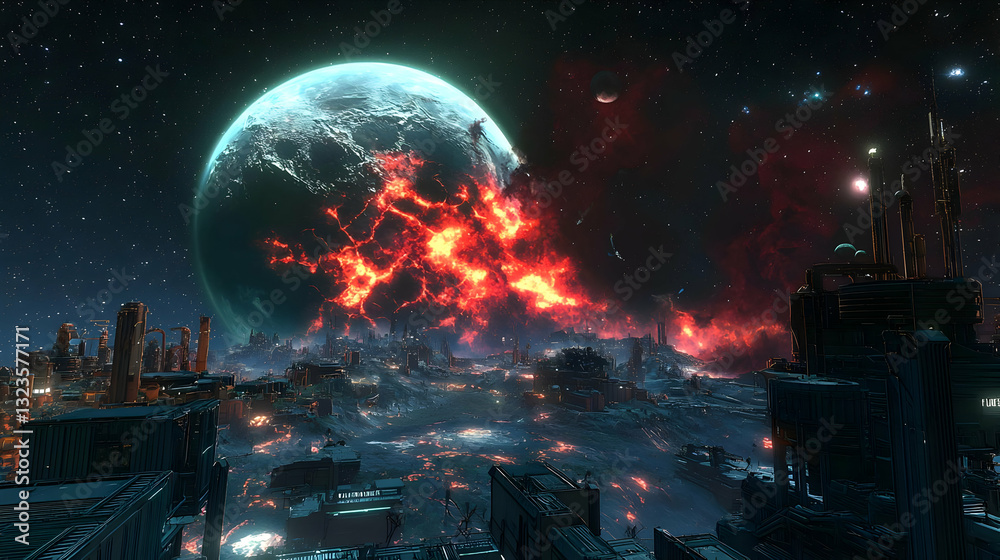 Fototapeta premium Vibrant Sci Fi Cityscape with Giant Fiery Planet in Dark Space and Starry Night Sky