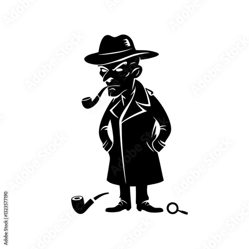 Mysterious Detective Silhouette with Hat Pipe and Trench Coat for Vintage Style Art