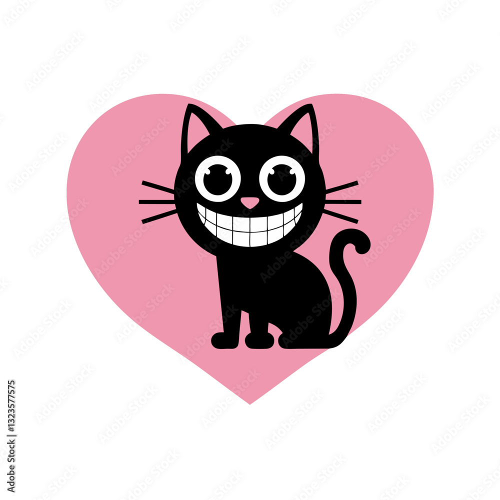Fototapeta premium Cute Smiling Black Cat with Heart Background Vector Illustration