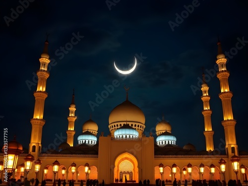 Mesmerizing Night Mosque Scene with Glowing Lanterns & Crescent Moon for Eid.