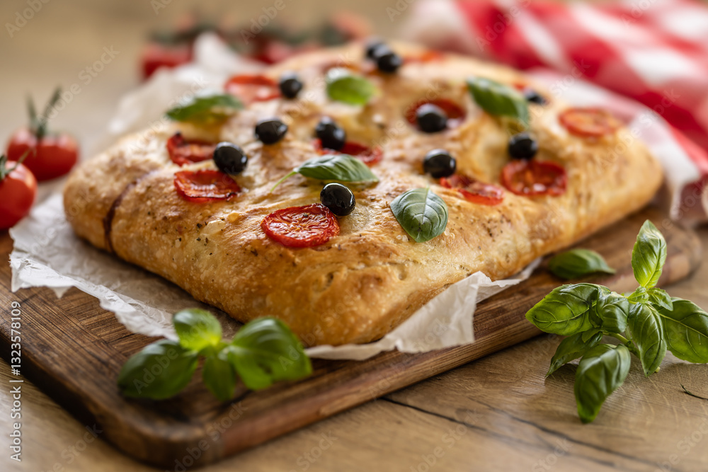 Focaccia - Italian Bread with tomatoes basil leaves olives and olive oil on cutting board
