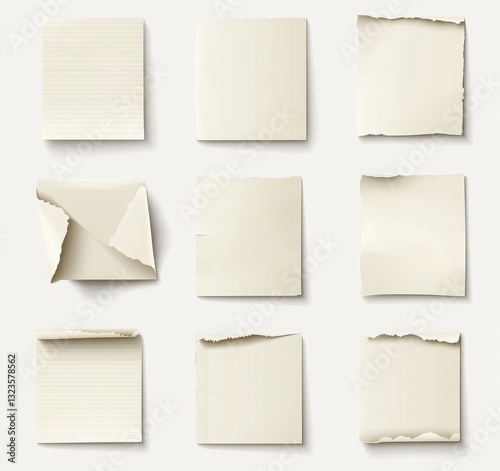 A collection of various white note papers with different sizes isolated on a plain background.
