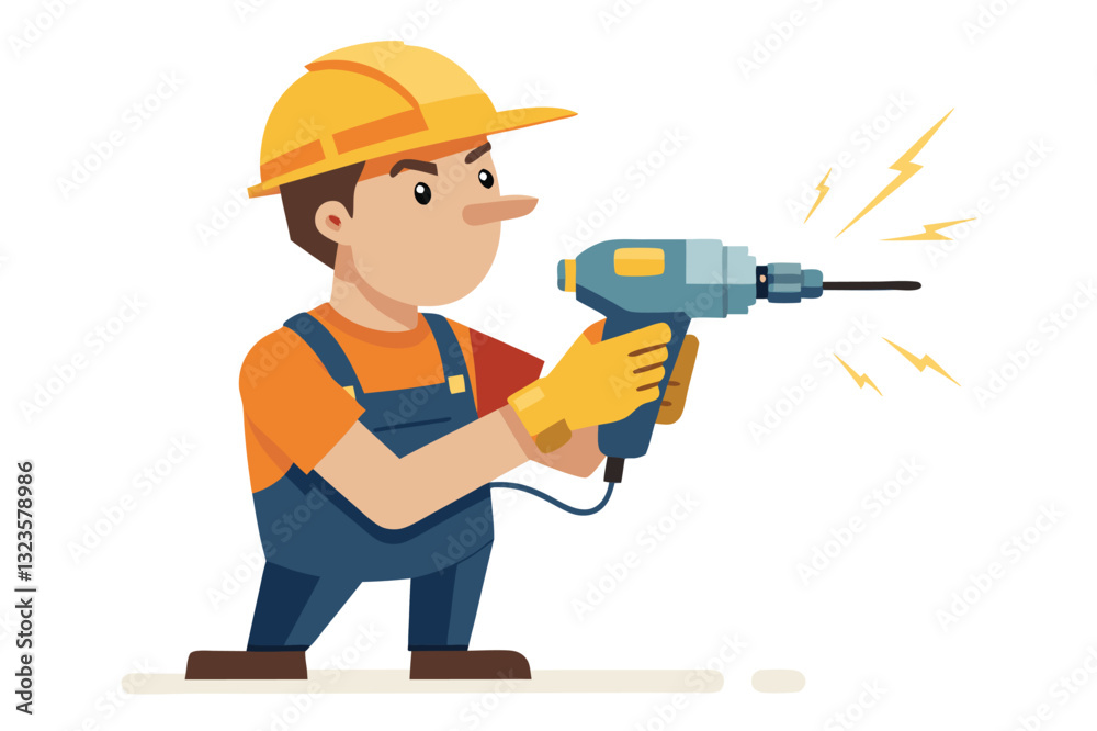 Illustration of a construction worker using a power drill with excitement in a bright and dynamic setting Illustration of a construction worker using a power drill with excitement in a bright and dynamic setting