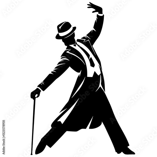 Elegant Retro Dancing Man Silhouette with Cane and Hat Vector Art