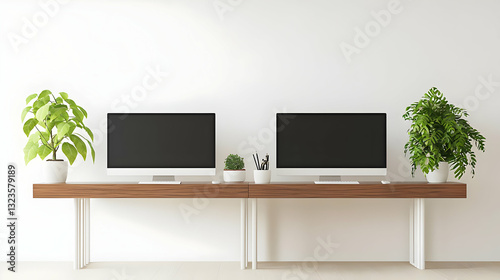 Modern Minimalist Office Interior With Two Computers Desk Plants and White Background