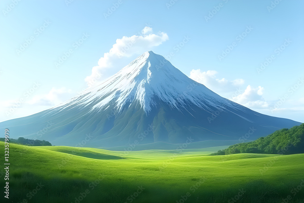 Fototapeta premium Mount Fuji towering over a green meadow on a sunny day