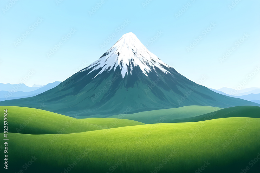 Naklejka premium Mount Fuji towering over rolling green hills under blue sky