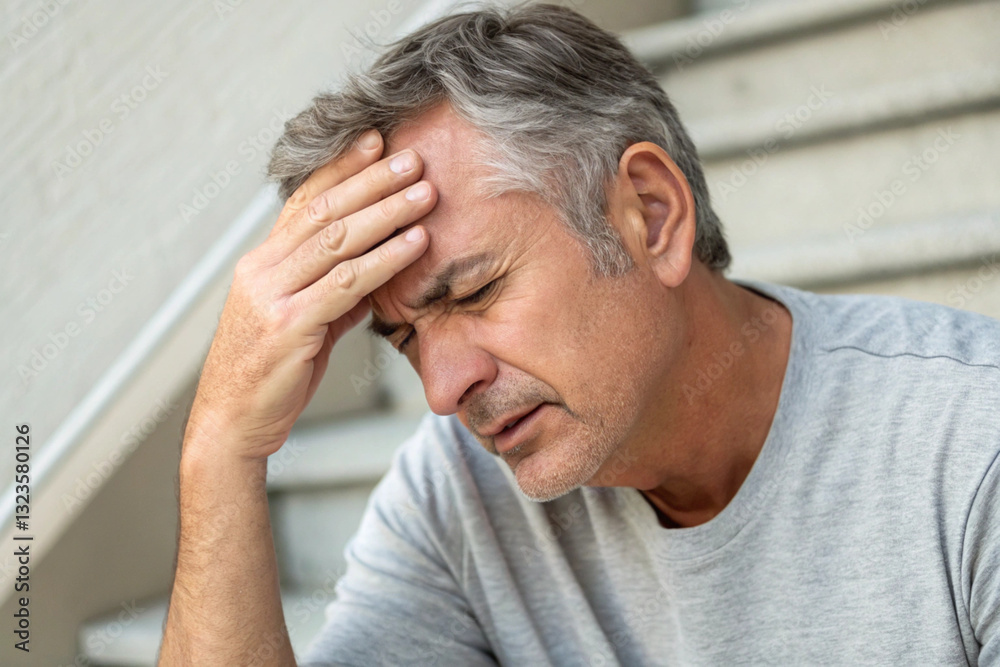 Fototapeta premium Tired, middle-aged man with headache, eyestrain, and stiff shoulders. Fatigue, exhaustion. Full body wounds.
