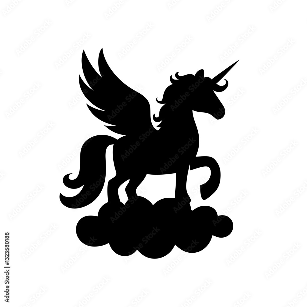 Fototapeta premium Majestic Winged Unicorn Silhouette on Cloud Vector Art for Tattoos and Fantasy Designs