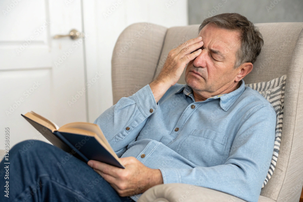 Tired, middle-aged man with headache, eyestrain, and stiff shoulders. Fatigue, exhaustion. Full body wounds. Tired, middle-aged man with headache, eyestrain, and stiff shoulders. Fatigue, exhaustion. Full body wounds.