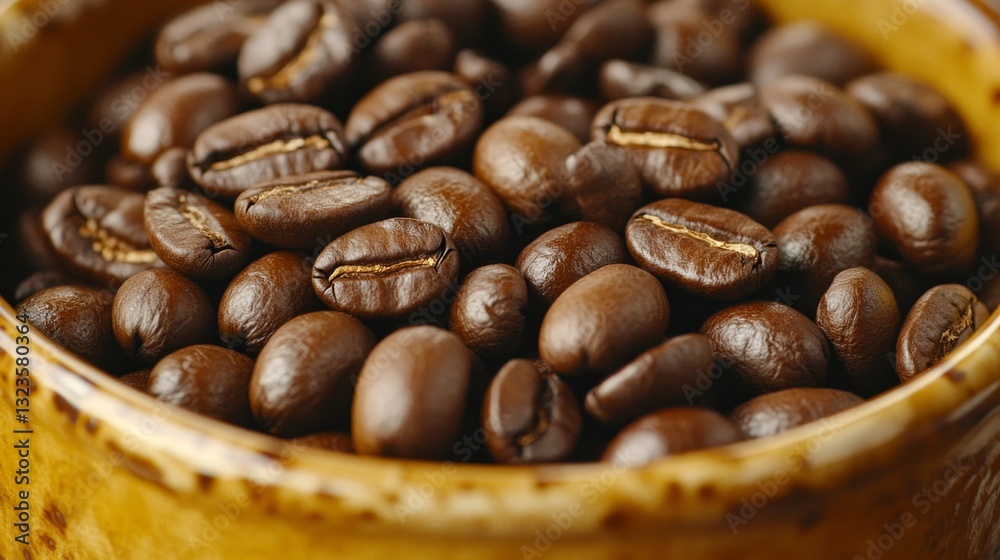 Fototapeta premium Aromatic Brown Coffee Beans in Rustic Bowl Close-Up for Food Background, Ingredient, or Recipe.